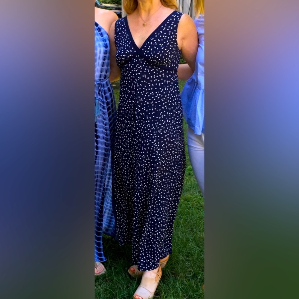 ANTHROPOLOGIE navy, polka-dot maxi jumpsuit with flowing fabric